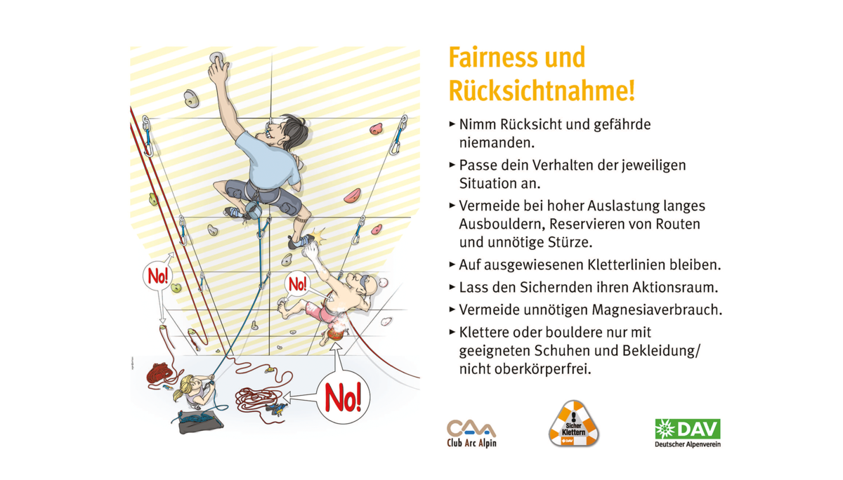 Hallenregeln für Klettern vom DAV. | © DAV Hallenregeln für Klettern vom DAV. Regel Nummer zwei: Fairness und Rücksichtnahme | © DAV