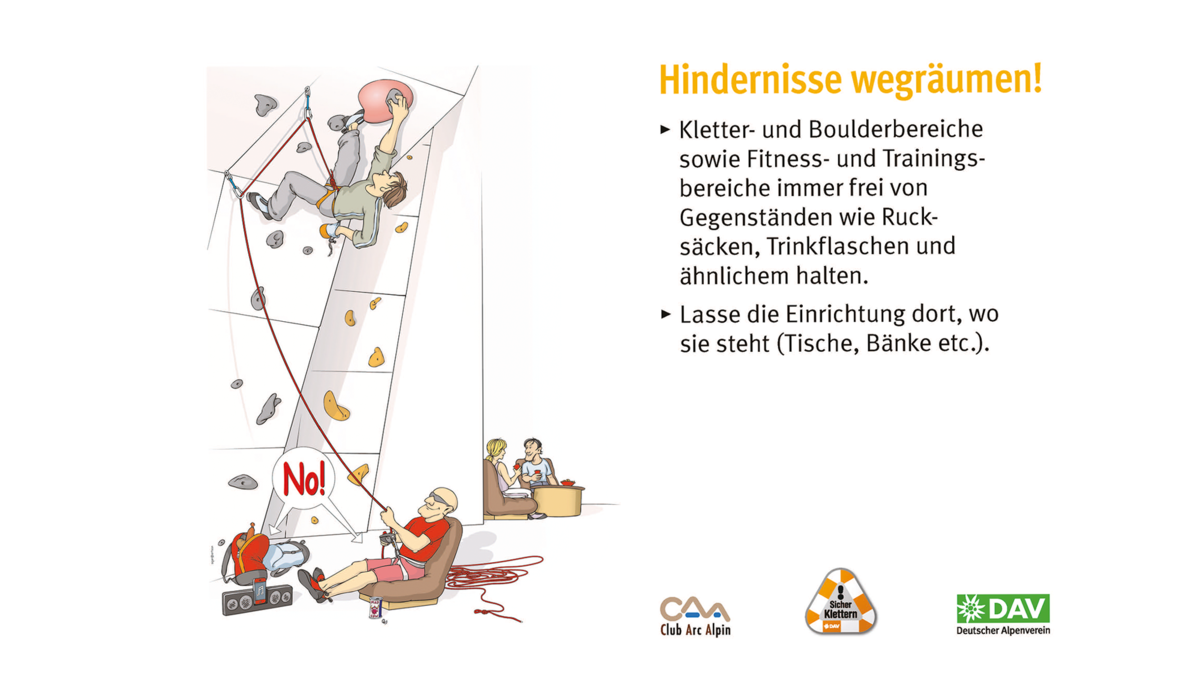 Hallenregeln für Klettern vom DAV. | © DAV Hallenregeln für Klettern vom DAV. Regel Nummer drei: Gefahrenraum | © DAV