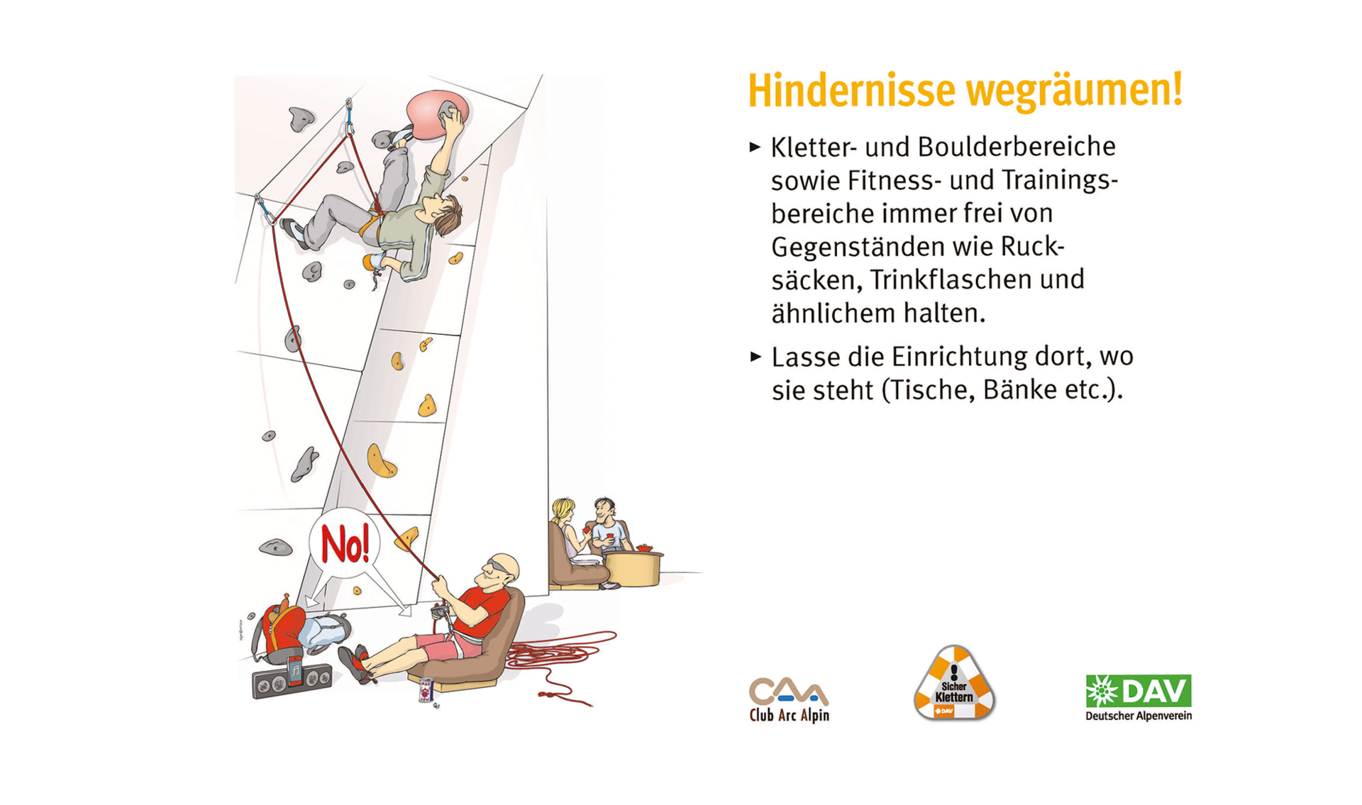 Hallenregeln für Klettern vom DAV. | © DAV Hallenregeln für Klettern vom DAV. Regel Nummer drei: Gefahrenraum | © DAV