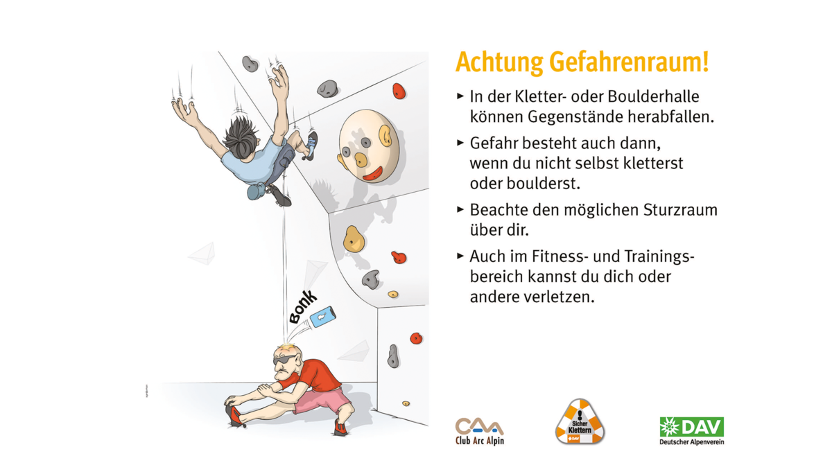 Hallenregeln für Klettern vom DAV. | © DAV Hallenregeln für Klettern vom DAV. Regel Nummer vier: Hindernisse wegräumen | © DAV