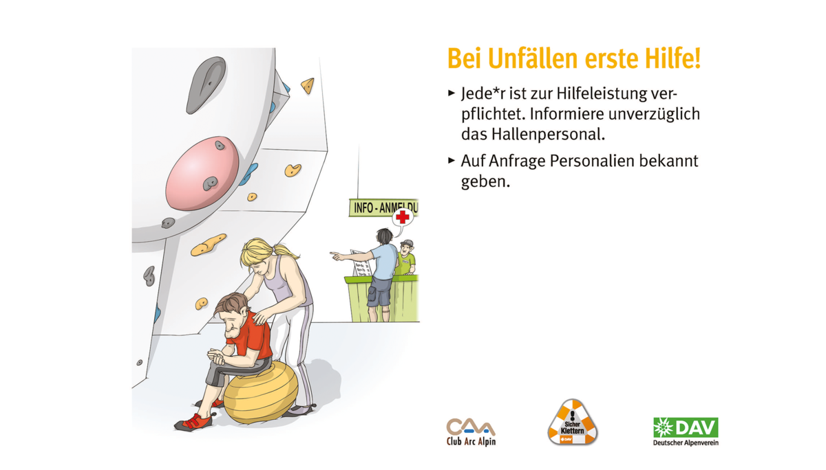 Hallenregeln für Klettern vom DAV. | © DAV Hallenregeln für Klettern vom DAV. Regel Nummer fünf: Bei Unfällen helfen | © DAV