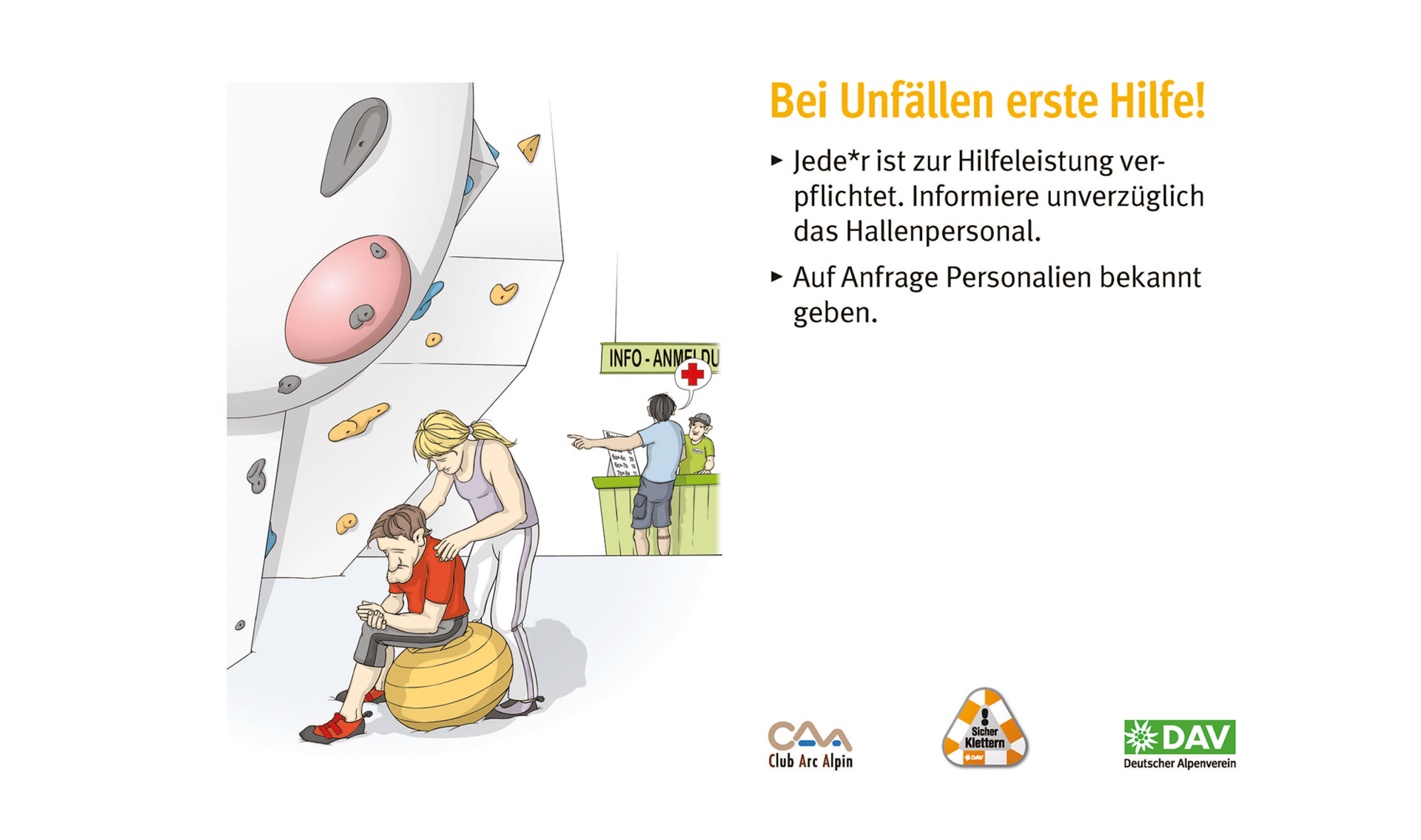Hallenregeln für Klettern vom DAV. | © DAV Hallenregeln für Klettern vom DAV. Regel Nummer fünf: Bei Unfällen helfen | © DAV