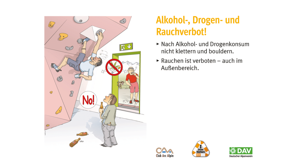 Hallenregeln für Klettern vom DAV. | © DAV Hallenregeln für Klettern vom DAV. Regel Nummer sechs: Beschädigungen melden | © DAV