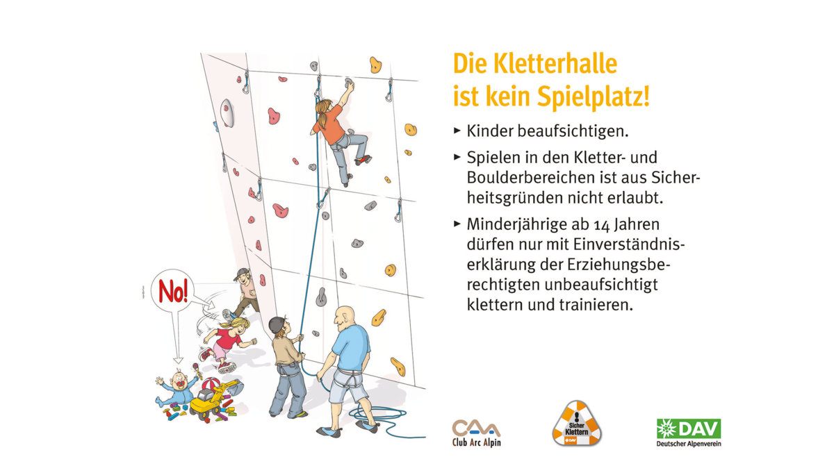 Hallenregeln für Klettern vom DAV. | © DAV Hallenregeln für Klettern vom DAV. Regel Nummer acht: Gefahr durch Schmuck und lange Haare | © DAV