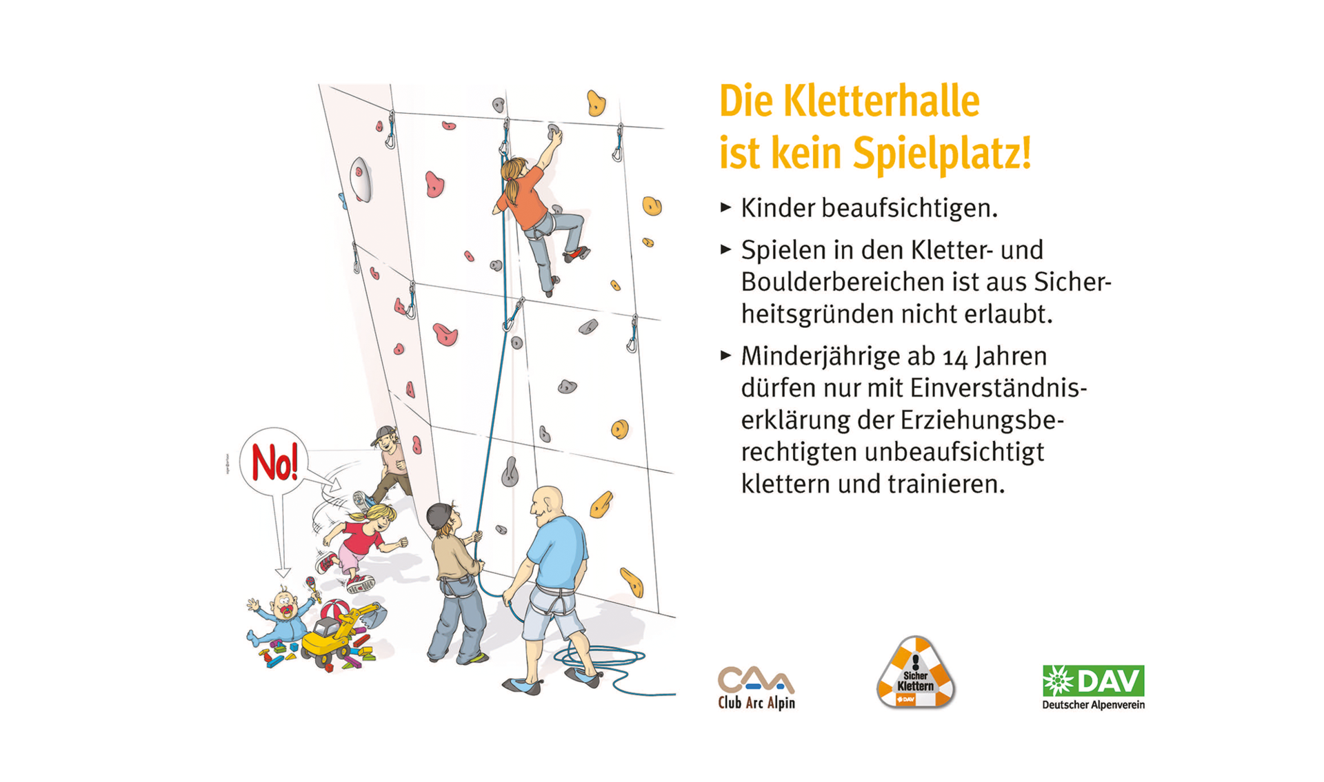 Hallenregeln für Klettern vom DAV. | © DAV Hallenregeln für Klettern vom DAV. Regel Nummer acht: Gefahr durch Schmuck und lange Haare | © DAV