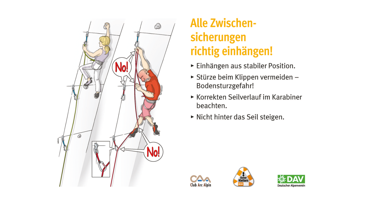 Kletter-Regeln: Sicher an der Kletterwand | © DAV Kletterregel Nummer sechs: Alle Zwischensicherungen richtig einhängen | © DAV