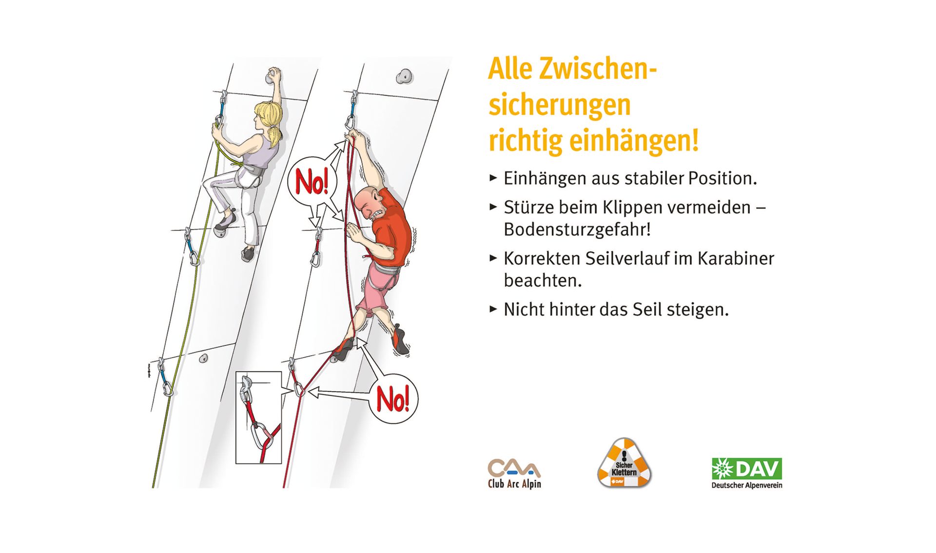 Kletter-Regeln: Sicher an der Kletterwand | © DAV Kletterregel Nummer sechs: Alle Zwischensicherungen richtig einhängen | © DAV